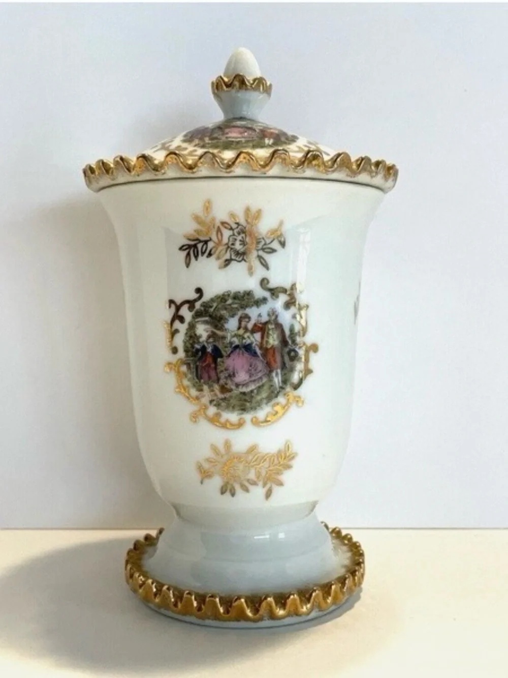 Vintage Lefton Porcelain Lidded Jar/Urn Hand Painted Courting Couple Gold Trim